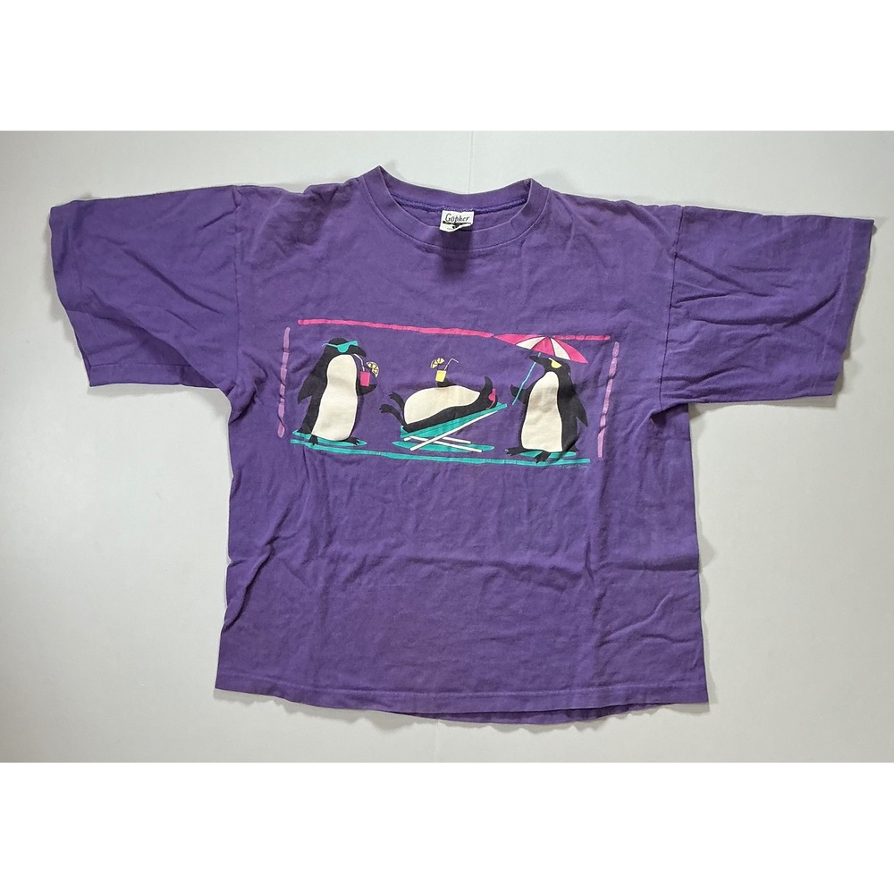 Vintage USA Made 90s Single Stitch T Shirt Granny Purple Penguin Beach Women L